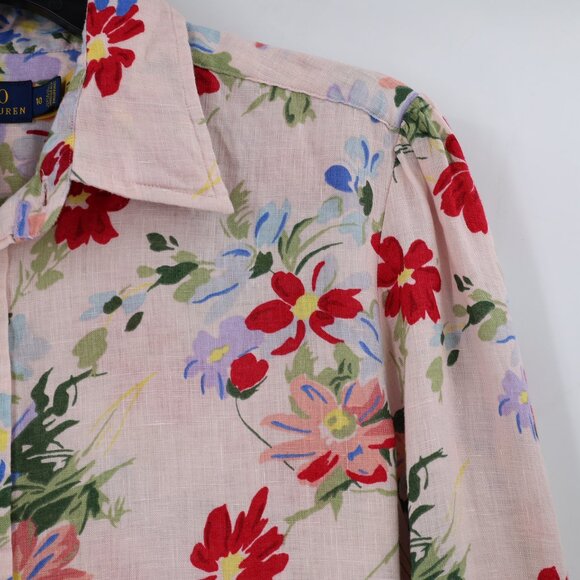 Polo Ralph Lauren Tunic Women's 10 linen Long Sleeve Top Floral Button Down - Picture 2 of 11